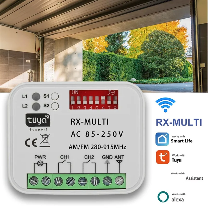 A24U Tuya Wifi مفتاح باب المرآب متعدد التردد التحكم استقبال التيار المتناوب 85-250 فولت العالمي مع جهاز التحكم عن بعد RF 280-915 ميجا هرتز