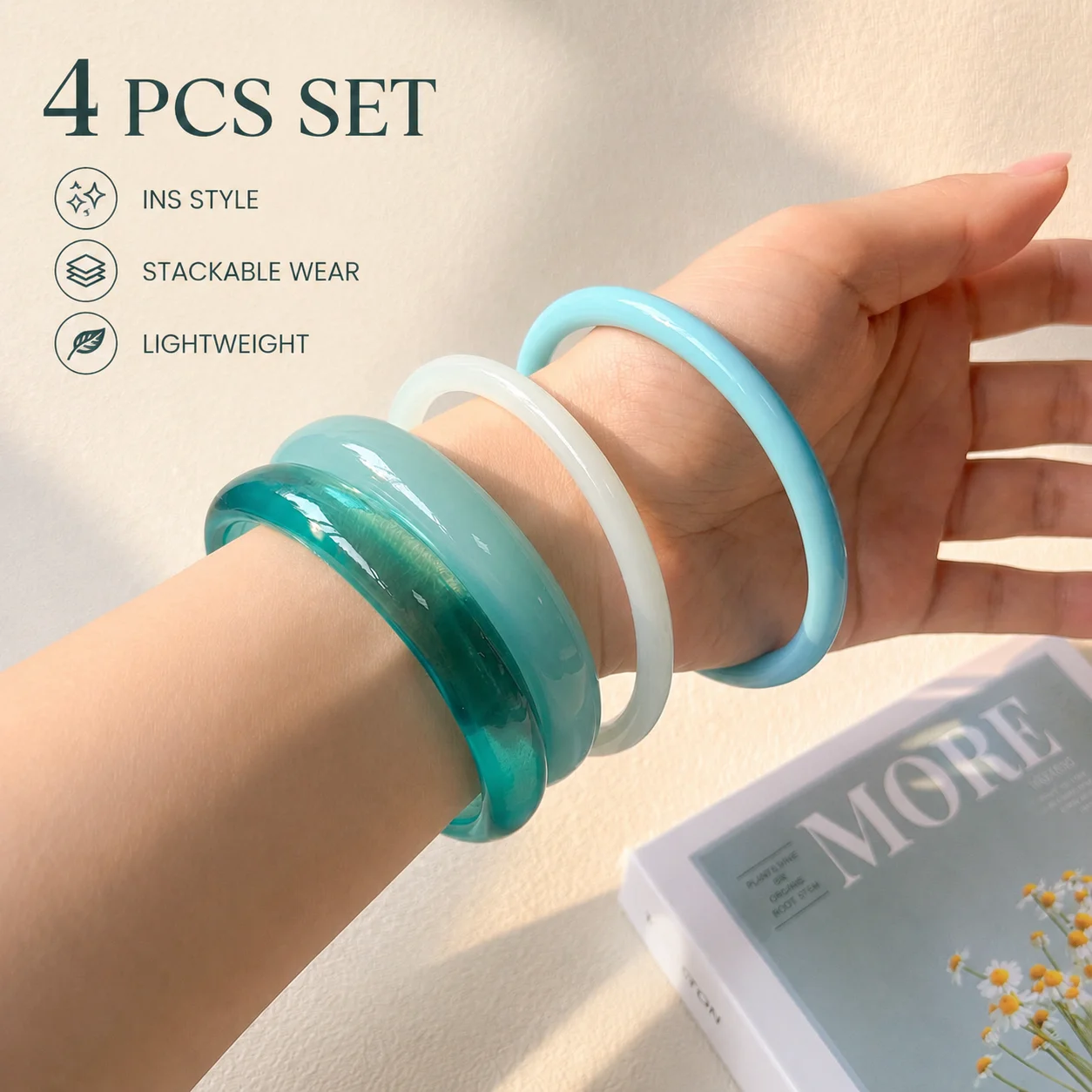 Ins Style Semi-Transparent Resin Bangle, Geometric Stackable Bracelet for Women Minimalist Layered Jewelry Gift
