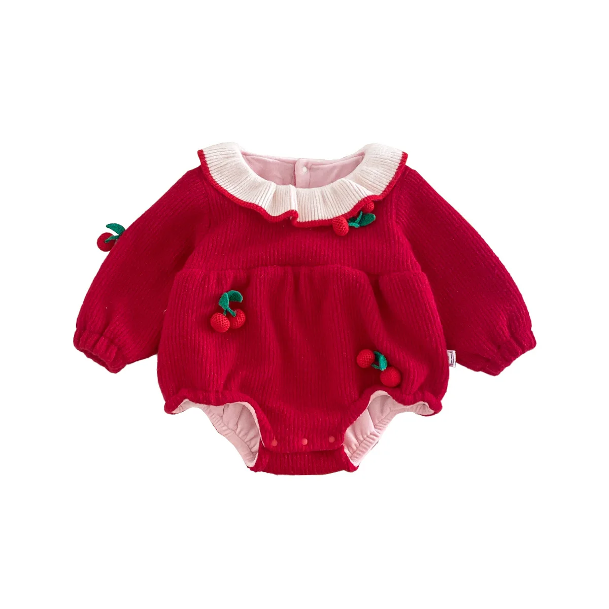 2024 Winter Baby Girls Rompers Cherry Patched Plus Velvet Ruffle Collar Newborn Girls Bodysuit Infant Girls Onesies Outfits