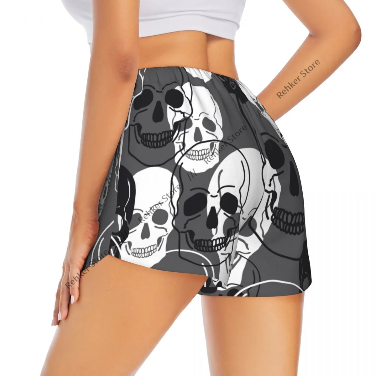 Calções esportivos femininos abstratos crânios impressão moderna correndo yoga fitness treinamento de badminton de secagem rápida com bolso