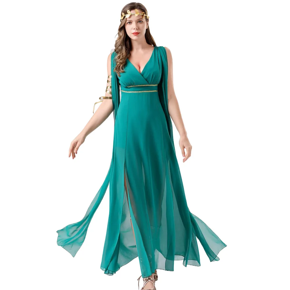 

Adult Godd Long Skirt Stage Performance Costume een Chiffon Free Statue of Liber Role-plang loween Outfit Women
