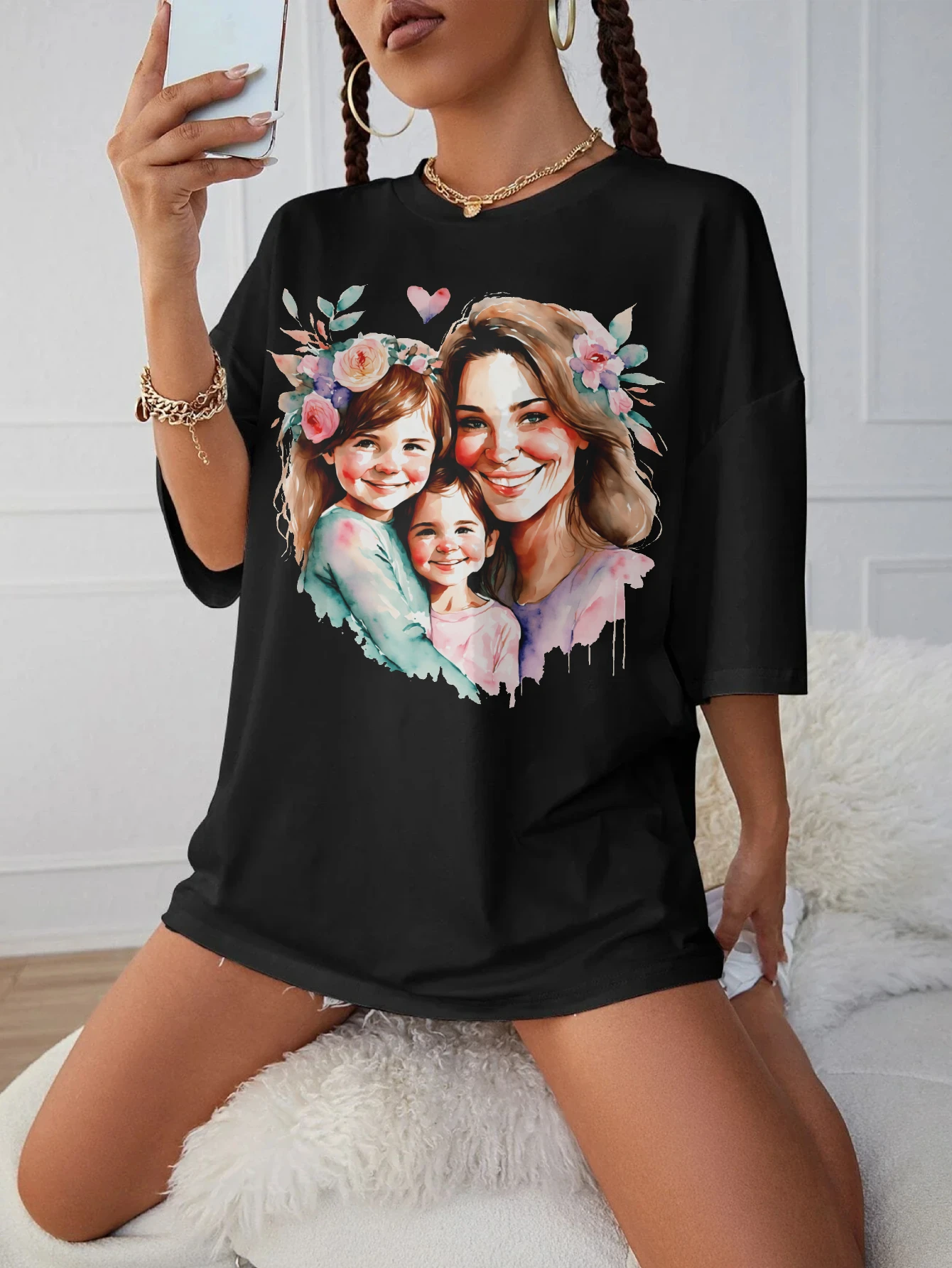 

Mother and daughter in the family Loose Fit Round Neck T-Shirt for Women Comfortable Black Maternity Wear for Late Pregnancy