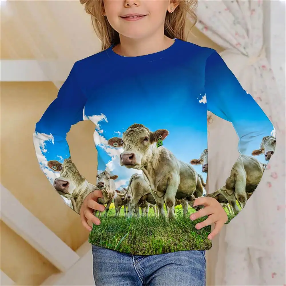 Kids Clothes Girl T-Shirt Long Sleeve 3D Cows Print Autumn Funny T Shirt Fashion Casual Boys Round Neck Tops Children's Clothing