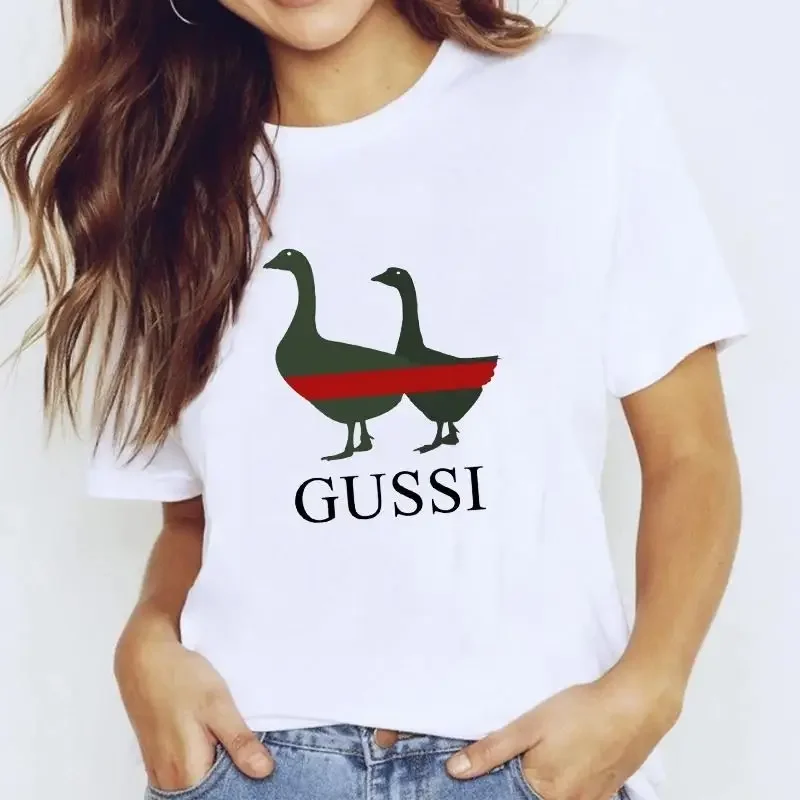 Two Goose Gothic T-Shirt Aesthetic Cloth Accessories Short Sleeve O-Neck Female Summer Casual Top Women Crew White Basic Tees