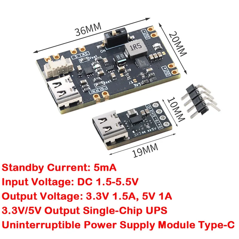 3.3V 5V Output Microcontroller UPS Uninterruptible Power Supply Module 1.5A/1A Lithium Battery Charging Board Type-C