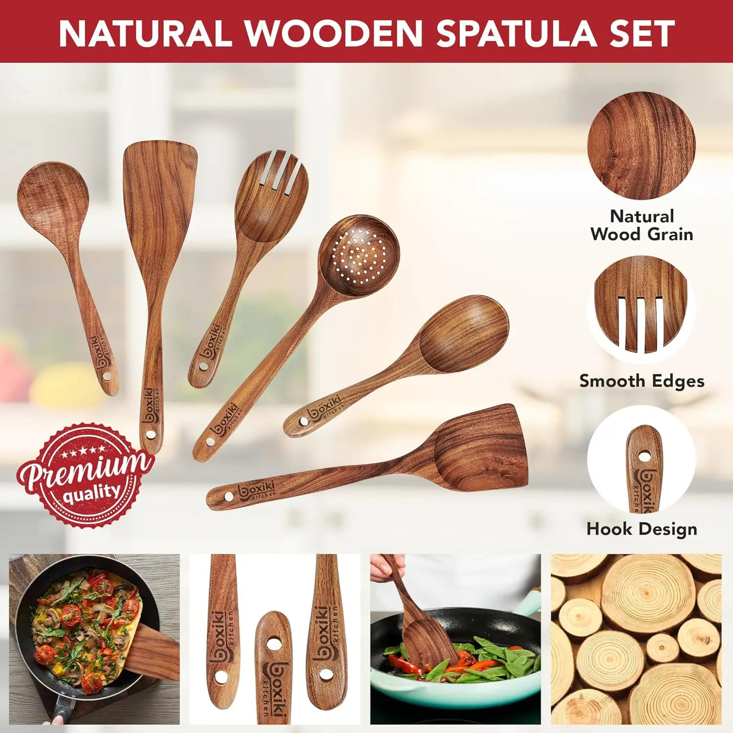 Kitchen Luxury Teak Wood Utensil Set - Elegant 6-Piece Cooking Ensemble Including Spoons