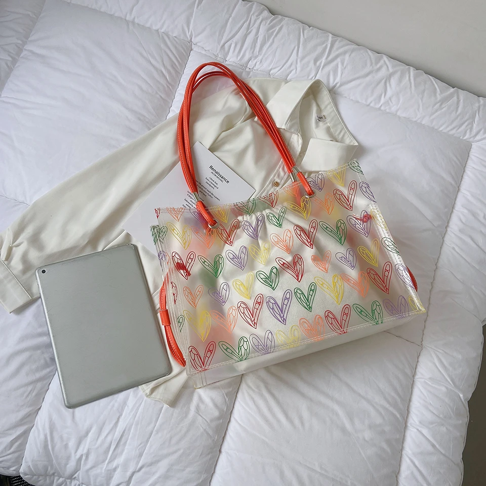 Heart Pattern Transparent Pvc Shoulder Bag Large Capacity 2pieces Composite Tote for Women Summer Clear Waterproof Beach Pouch