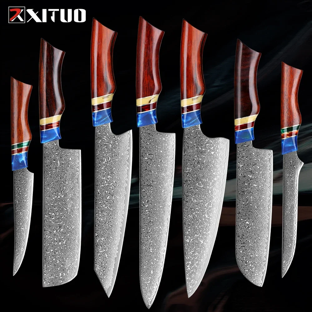 Kitchen Knife 1-7PC Set Pro Chef Knife Japanese Damascus Steel Santoku Butcher Knife Fruit Utility Knife Sharp Sandalwood Handle