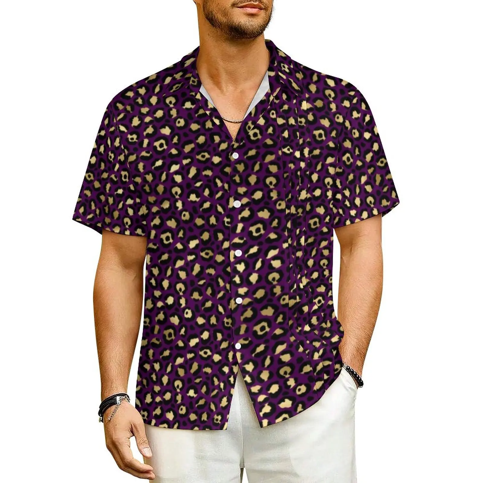 

Purple And Gold Leopard Beach Shirt Animal Print Summer Casual Shirts Mens Loose Blouses Short Sleeve Y2K Funny Design Clothes