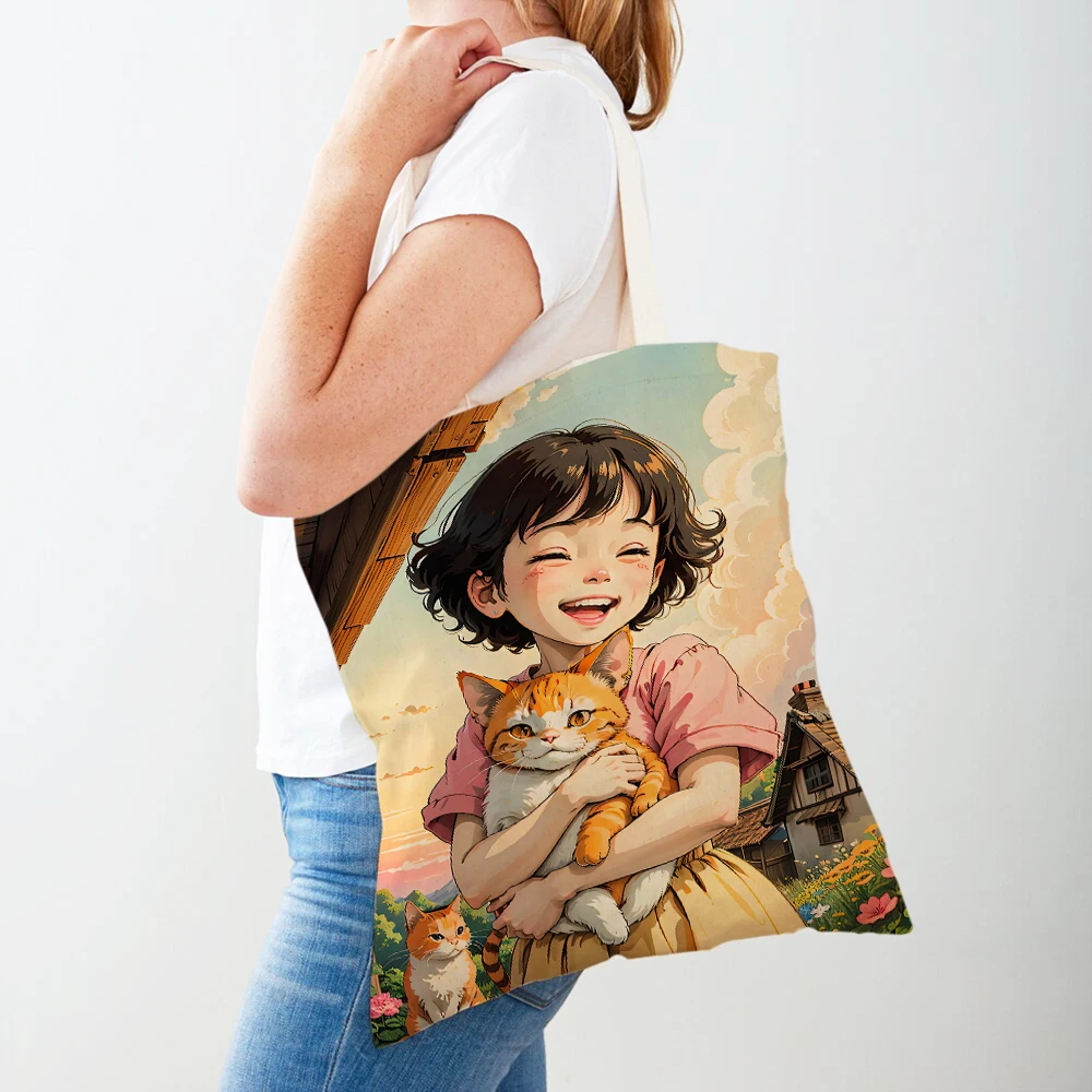 Fairy Tale World Lovely Child Gift Casual Shopping Bag Cute Cartoon Girl and Cat Double Print Canvas Tote Handbag Shopper Bags