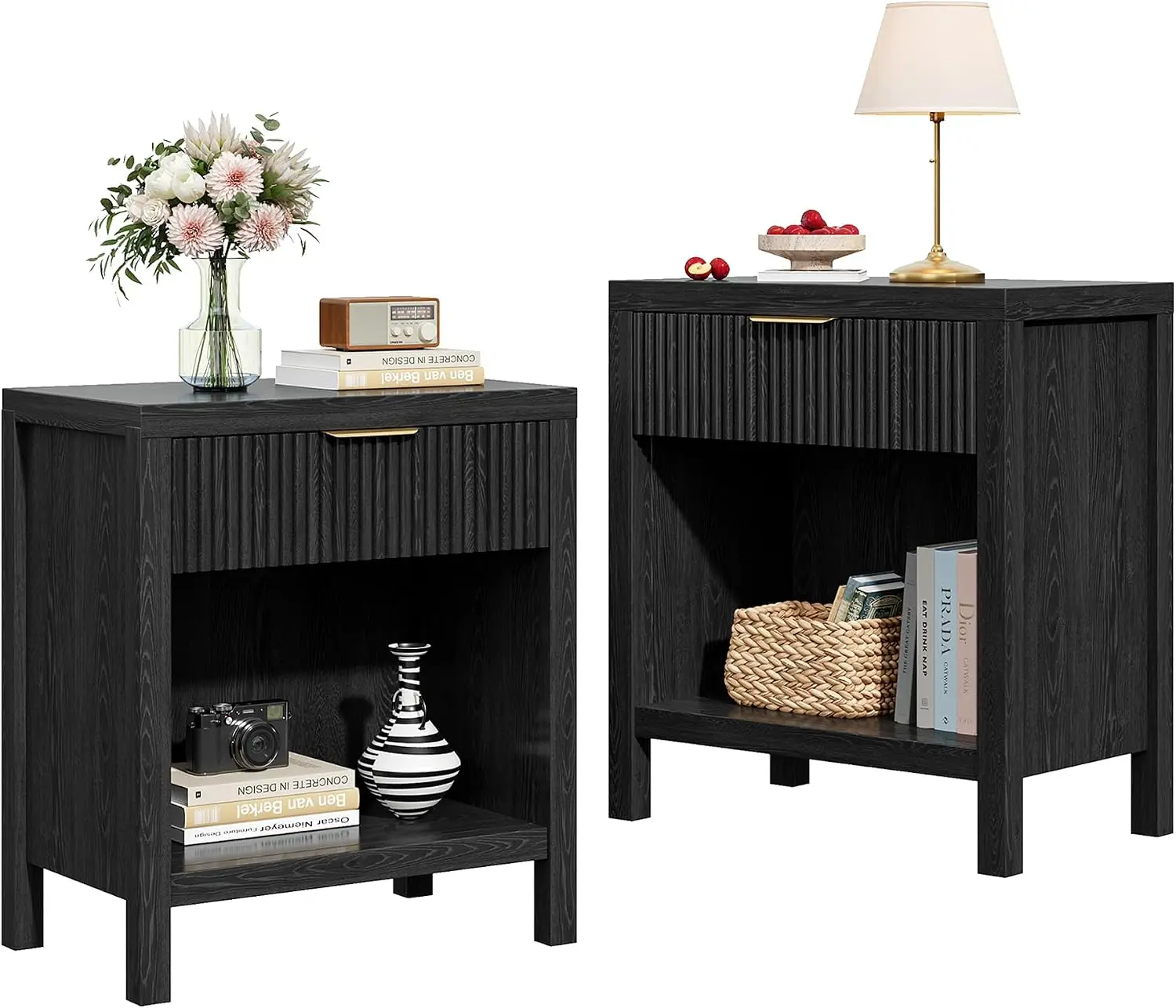 Mid Century Modern Night Stand with Open Shelf and Storage Drawer, Wooden End Table for Bedroom, Dorm, Apartment