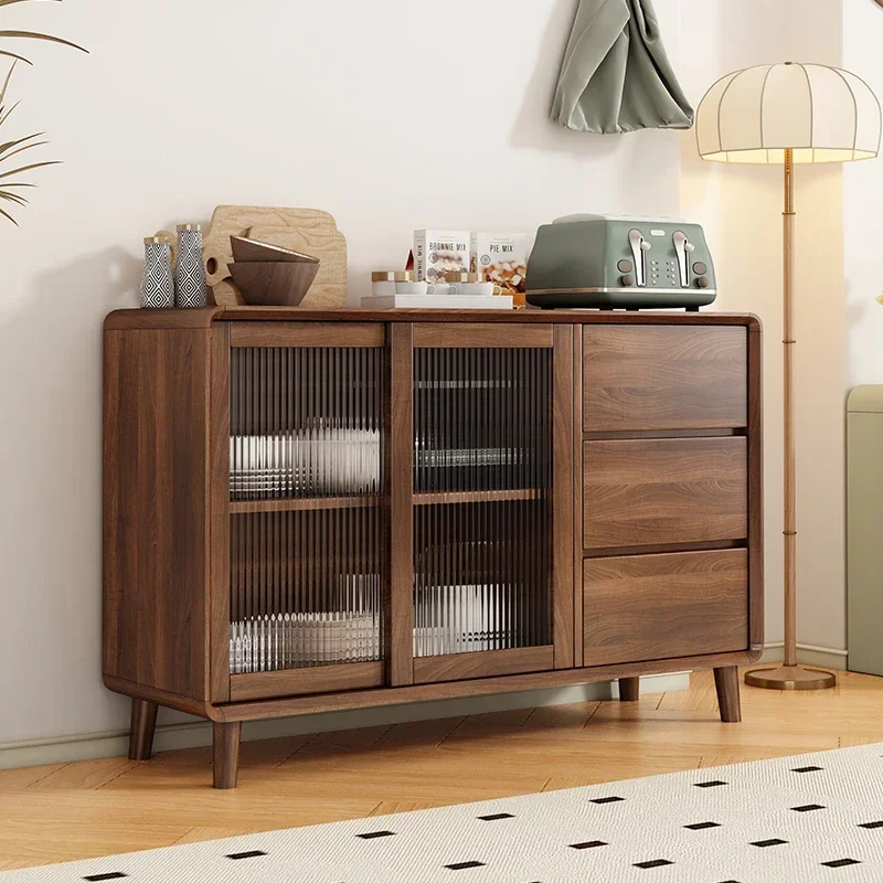 خزانة جانبية لتناول الطعام من الخشب الصلب، غرفة معيشة حديثة وبسيطة مدمجة على الحائط