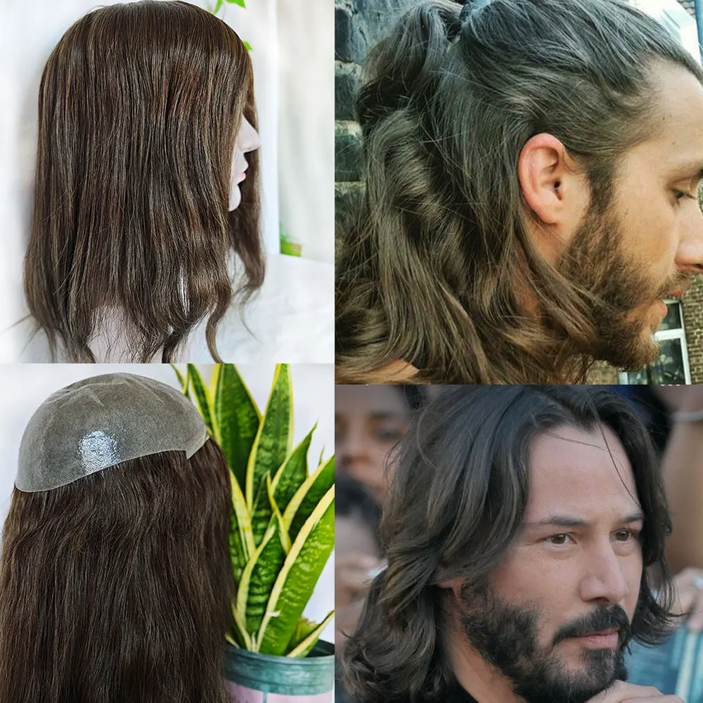 Men's Toupee Human Hair Piece 13inch Long European Hair Replacement System Full PU Male Wigs Middle Brown 8x10 4# Color