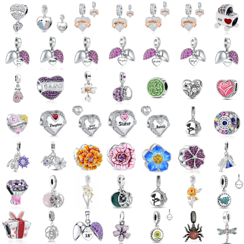 

925Silver Flower Bead Purple Dad Mam Daughter Wife Sisters Love heart Charm Pendant Fit Original Bracelet Women DIY Jewelry Gift