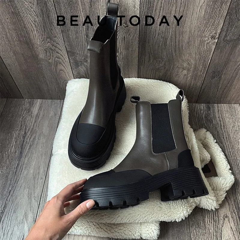 BeauToday botki platforma kobiety skóra bydlęca gumką okrągły nosek Slip-On jesień gruba podeszwa obuwie damskie Handmade 03A24