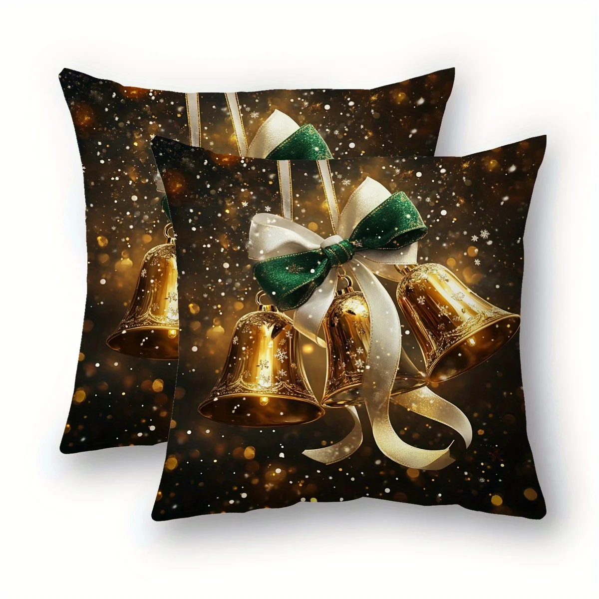 2pcs Festive Christmas Throw Pillow Covers 18x18 Inch Cozy Polyester with Zipper Closure, Golden White Bells Snowflakes Design