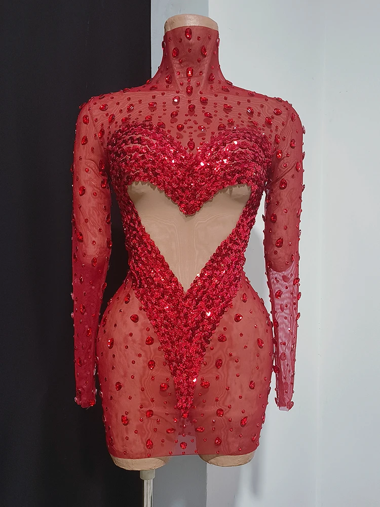 点滅する赤いクリスタルセクシーな透明ミニドレス誕生日クラブを祝うストレッチダンスキャットウォークショーステージ高級パーティーコスチューム