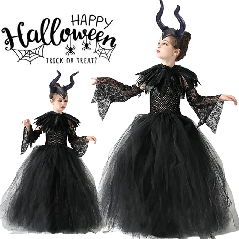 Halloween Costume Maleficent Tutu Dress For Girls Cosplay Evil Queen Black Mesh Princess Dress Kids Crow Wand Maleficent