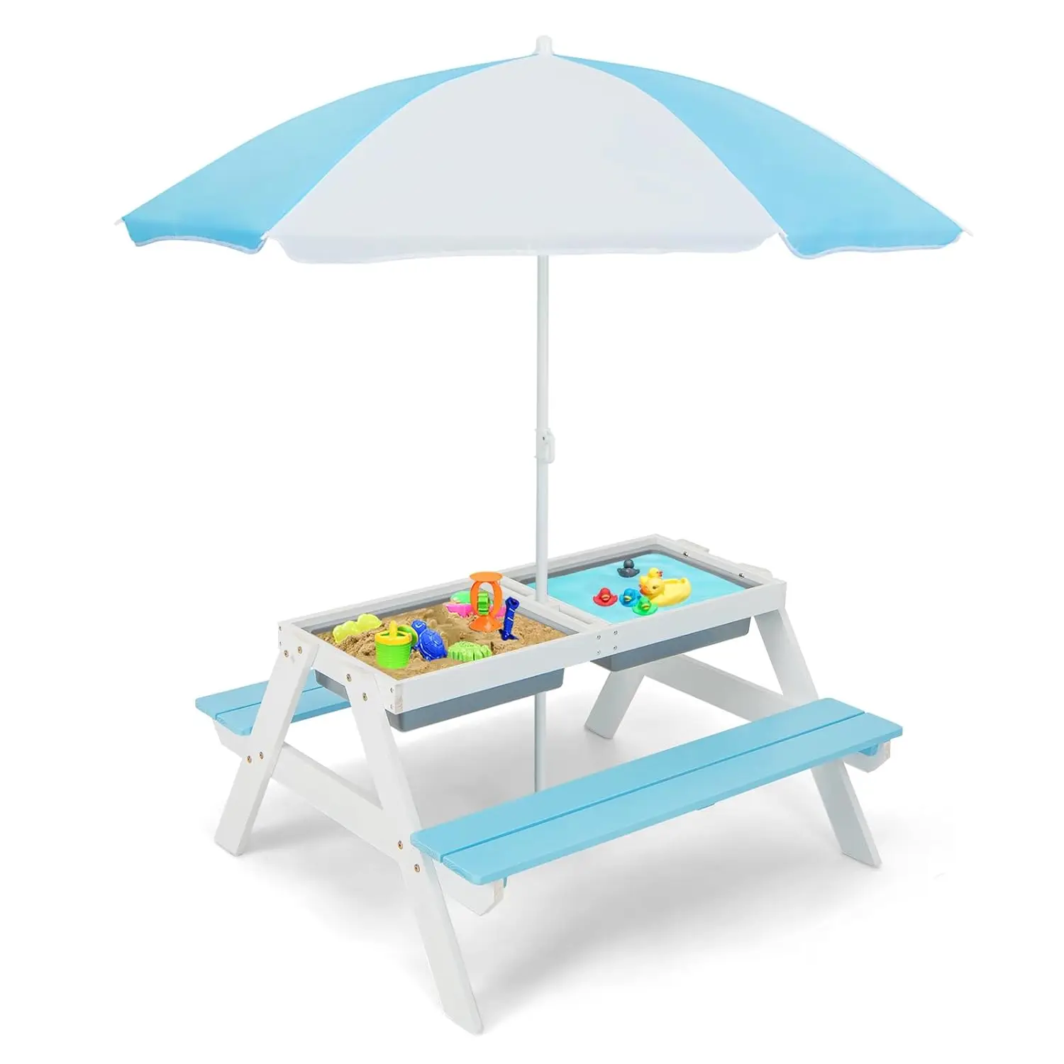 

4in1 Cedar Kids Picnic Sand Water Table 2 Removable Box Umbrella Outdoor Garden Toddler Patio Furniture, Customized
