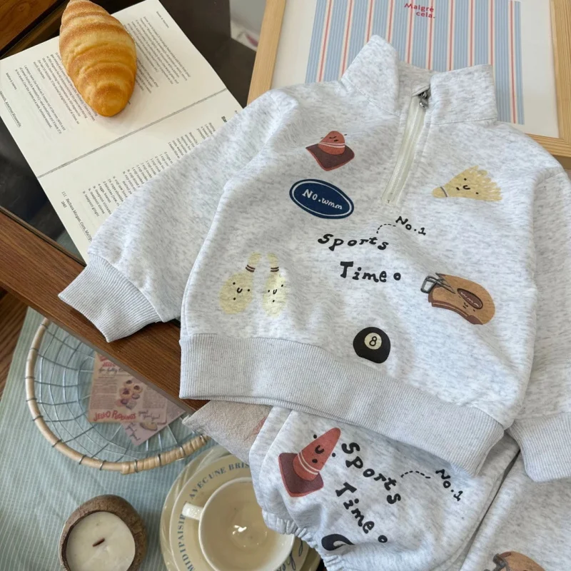 

Spot GoodsQT255353Boy's Suit2025Autumn New Stand Collar Sweatshirt Long Pants Cartoon Print Sports