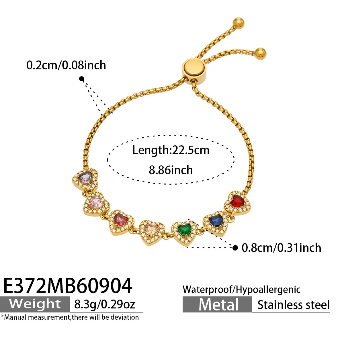 Farbiges Zirkon-Herz-Armband, Edelstahl-Kettenarmband, 18k Vergoldete Armbänder, Verstellbare CZ-Charm-Armbänder für Damen – Detail 9