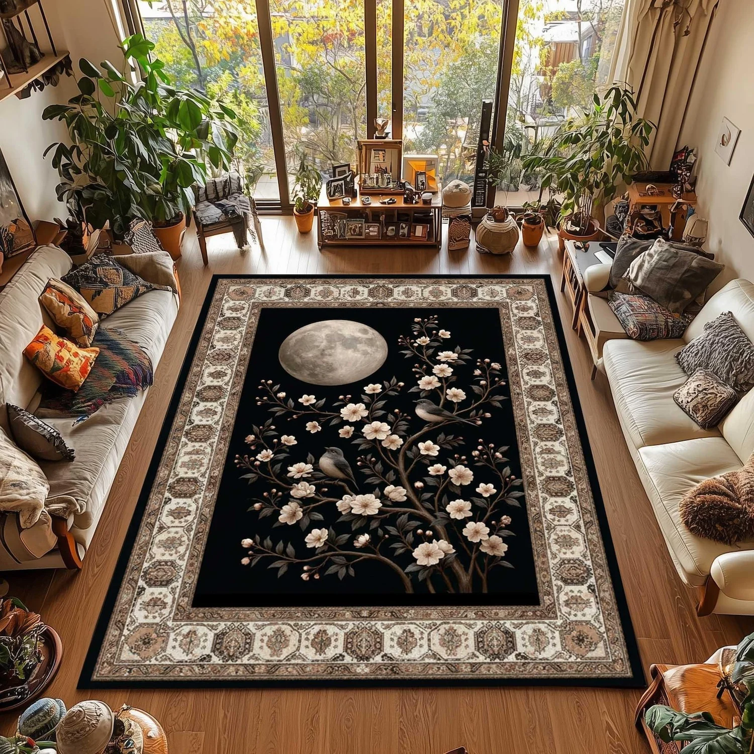 Full Moon Plant Pattern Carpet, Ivory Bird Pattern Carpet, Black Vintage Starry Sky Floral Decoration, with a Luxurious Border, Suitable for Living Room and Bedroom.
