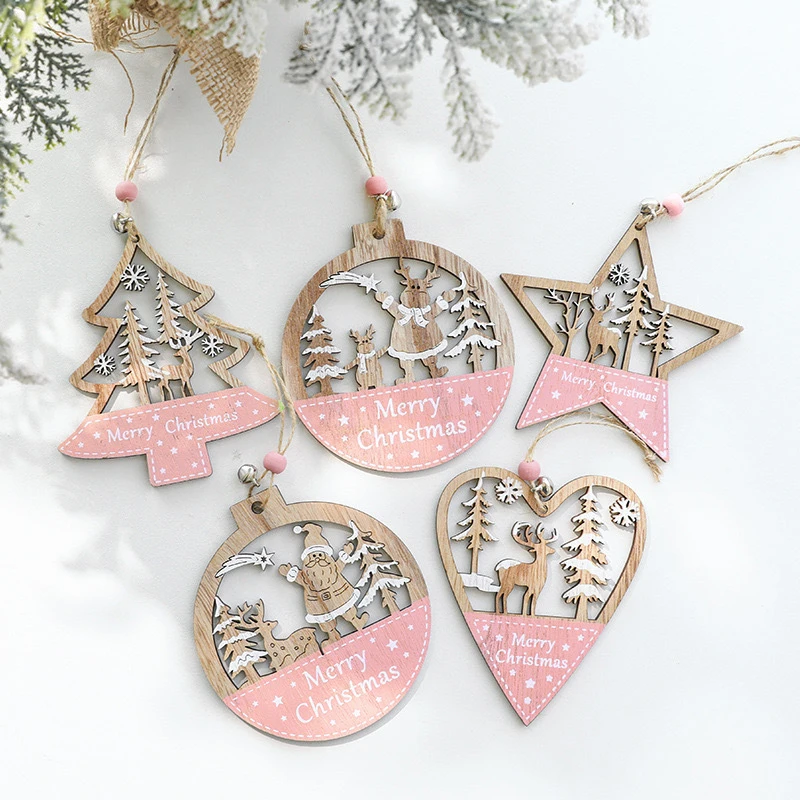 1PC Christmas Pink Painted Wooden Ornaments Santa Pendant DIY For Country Farmhouse Christmas Tree Decoration Xmas Party Decor