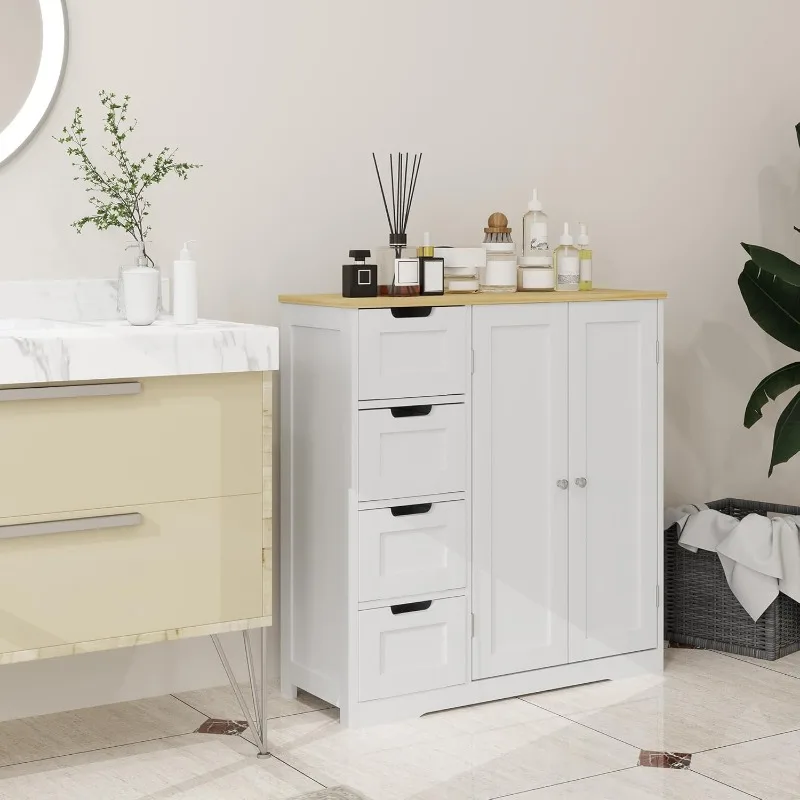 Bathroom Cabinet, Bathroom Floor Cabinet with Adjustable Shelf, Freestanding Storage Cabinet with 4 Drawers and 2 Doors, White