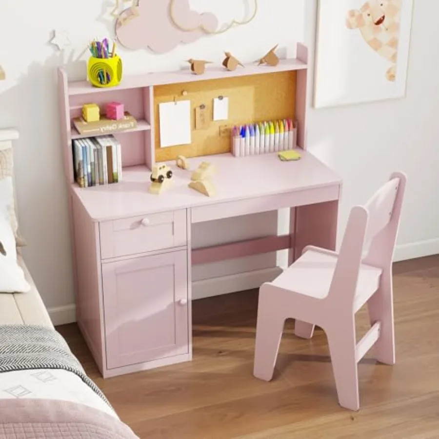 

Study Desk with Chair Study Table and Chairs for 5-12 Years Old Wooden Desk and Chair Set with Hutch and Storage Cabinet for Be