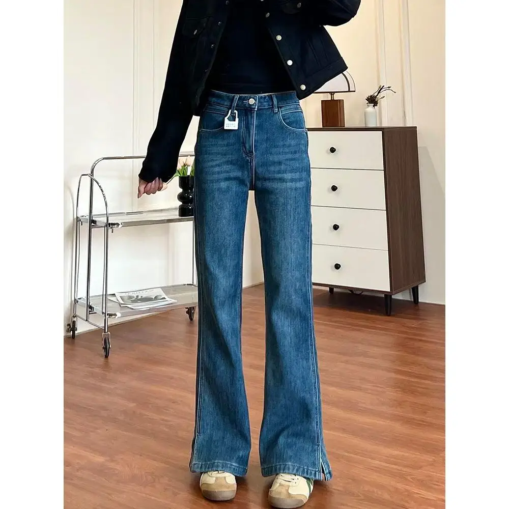 Blue High Waist Wide Leg Bell Bottom Jeans Women plus Size Elastic Slimming Non-Matching Autumn Winter Fashion Split Design