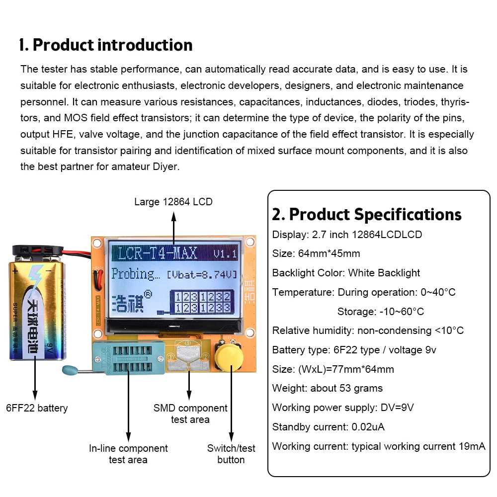 LCR-T4-MAX Transistor Tester Diode Triode Resistors Capacitors Inductors Thyristors MOS LCD Screen Backlight High Precision Test