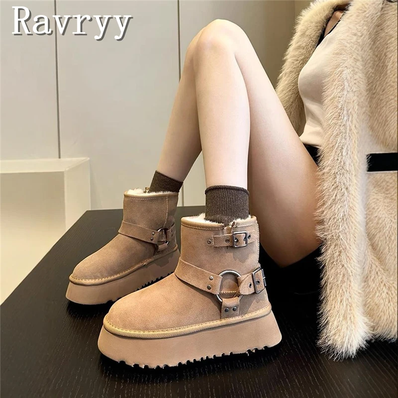 

Fashion Womens Snow Boots with Leather Buckle Round Toe Ankle Boots Female Confortable Warm Wool Winter Short Boots