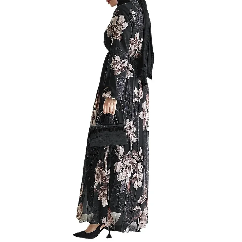 Muslim Jalabiya for Women Print Dresses Abaya Pleated Vestidos Eid Ramadan Abayas Islam Arab Dubai Long Robe Morocco Kaftan