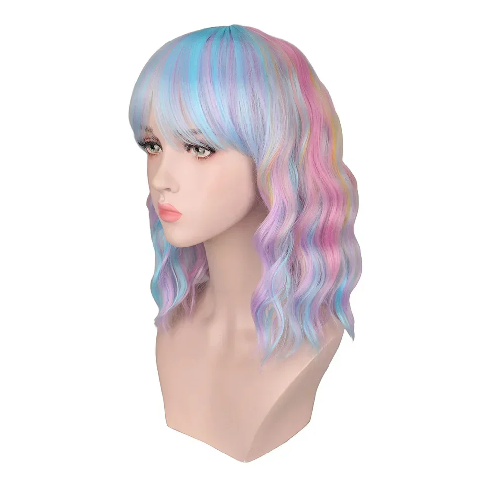 QQXCAIW Rainbow Short Curly Wigs For Women Grils Cosplay Multicolor Pink Blue Yellow Purple Heat Resistant Synthetic Hair Wigs