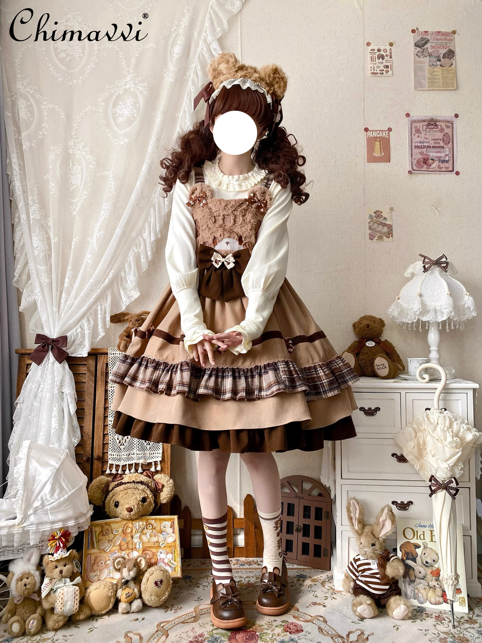 Autumn and Winter Lolita Polished Cute Strap Bow Jsk Dresses Cute Student Girl Kawaii Loose Elegant Y2k Short Dress Women image 5