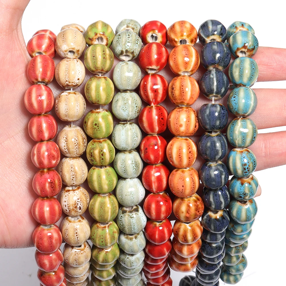 1 Strand 11.5mm Pumpkin Shape Stripe Ceramics Beads for Jewelry Making Accessories Loose Spacer Beads  DIY Bracelet Necklace