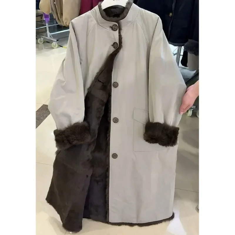 Warm Furry Jacket New Winter Cotton-padded Jacket for Women with A Rabbit Fur Inner Liner.Loose Mid-length Eco-friendly Fur Coat
