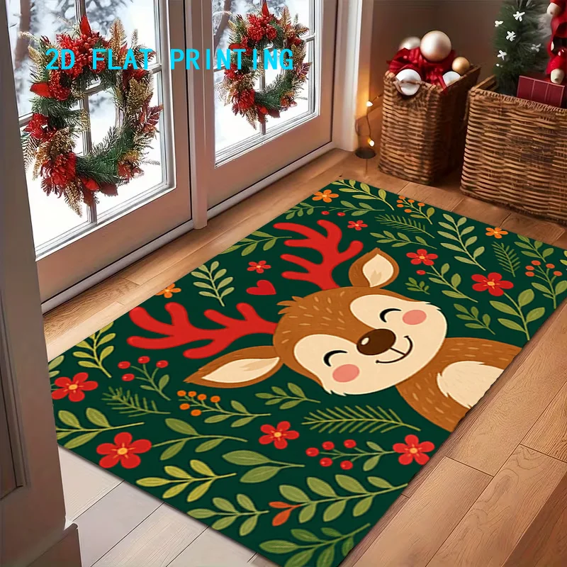 Christmas Reindeer Doormat Cute Deer Red Antler Entrance Carpet Dark Green Floral Pattern For Home Front Door Festive Floor Mat