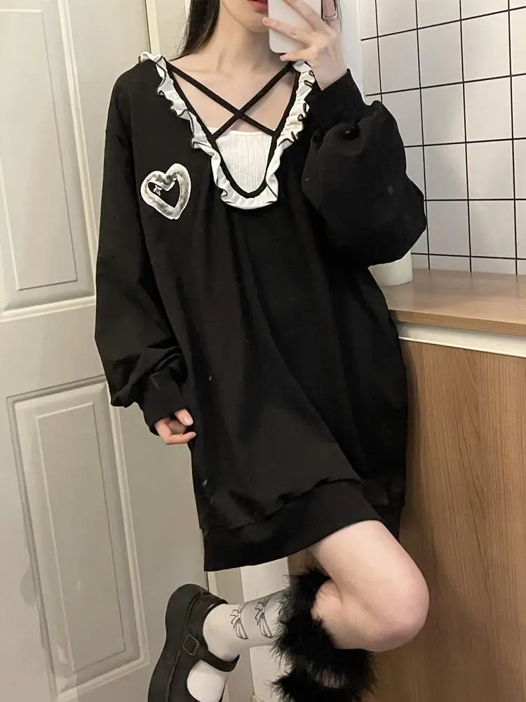 2024 Two Pieces Set Y2k Aesthetic Harajuku Oversized Patchwork Ruffled Hoodies Femme Solid Grunge Drawstring Crop Vest Top Women