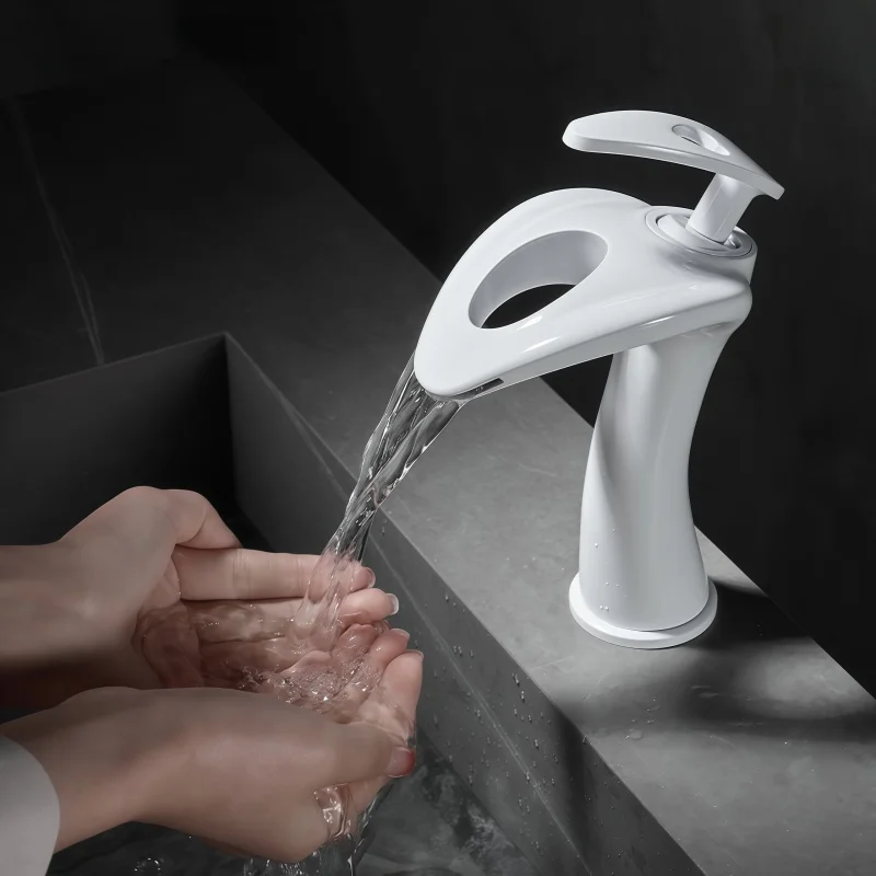 Brass Basin Faucet Bathroom Vanity Sink Waterfall Style Hot and Cold Splash-Proof Faucet White