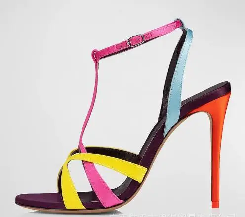 

Hot Pink Blue Yellow Orange Mxied Color Leather T Strap Thin Heels Summer Sandals Women High Heel Banquet Dress Shoes Size 44