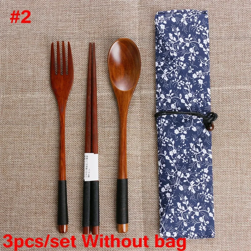 Japanese Style Handmade Portable Natural Wooden Spoon Fork Chopsticks Cloth Bag Cutlery Sets Travel Dinnerware with Cloth Pack
