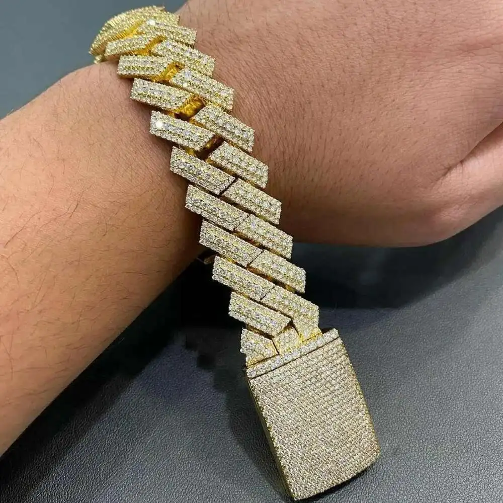Luxury Hip Hop Iced Out Jewelry 925 Silver 20mm 3 Row Prong Setting Vvs Moissanite Men Cuban Link Chain Bracelet.