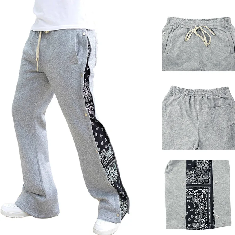 

Spring Summer High Street retro hip hop breasted sweatpants Men's baggy West Coast cashew flower wide leg pants