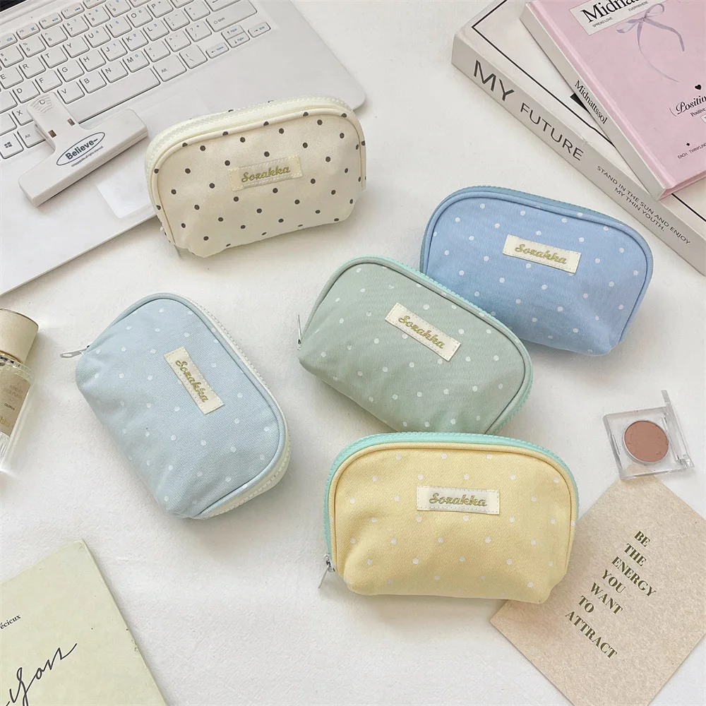 Women Cute Polka Dot Polyester Zipper Pouch Small Cosmetic Bag Mini Makeup Organizer Coin Purse Travel Storage Bag With Label