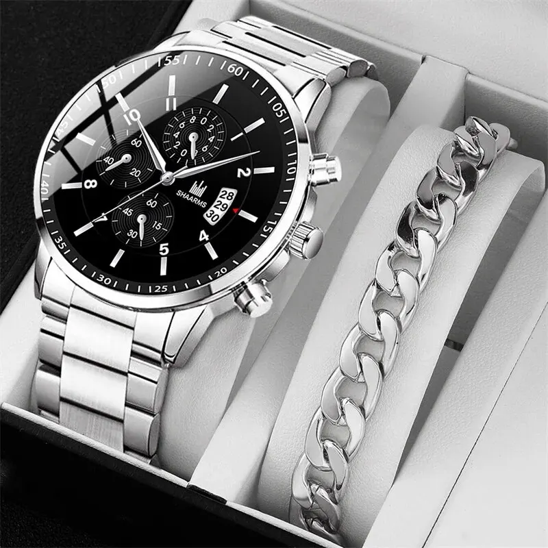 

Fashion Mens Stainless Steel Watches Luxury Quartz Wristwatch Calendar Clock Men Business Casual Watch Bracelet Set Reloj Hombre