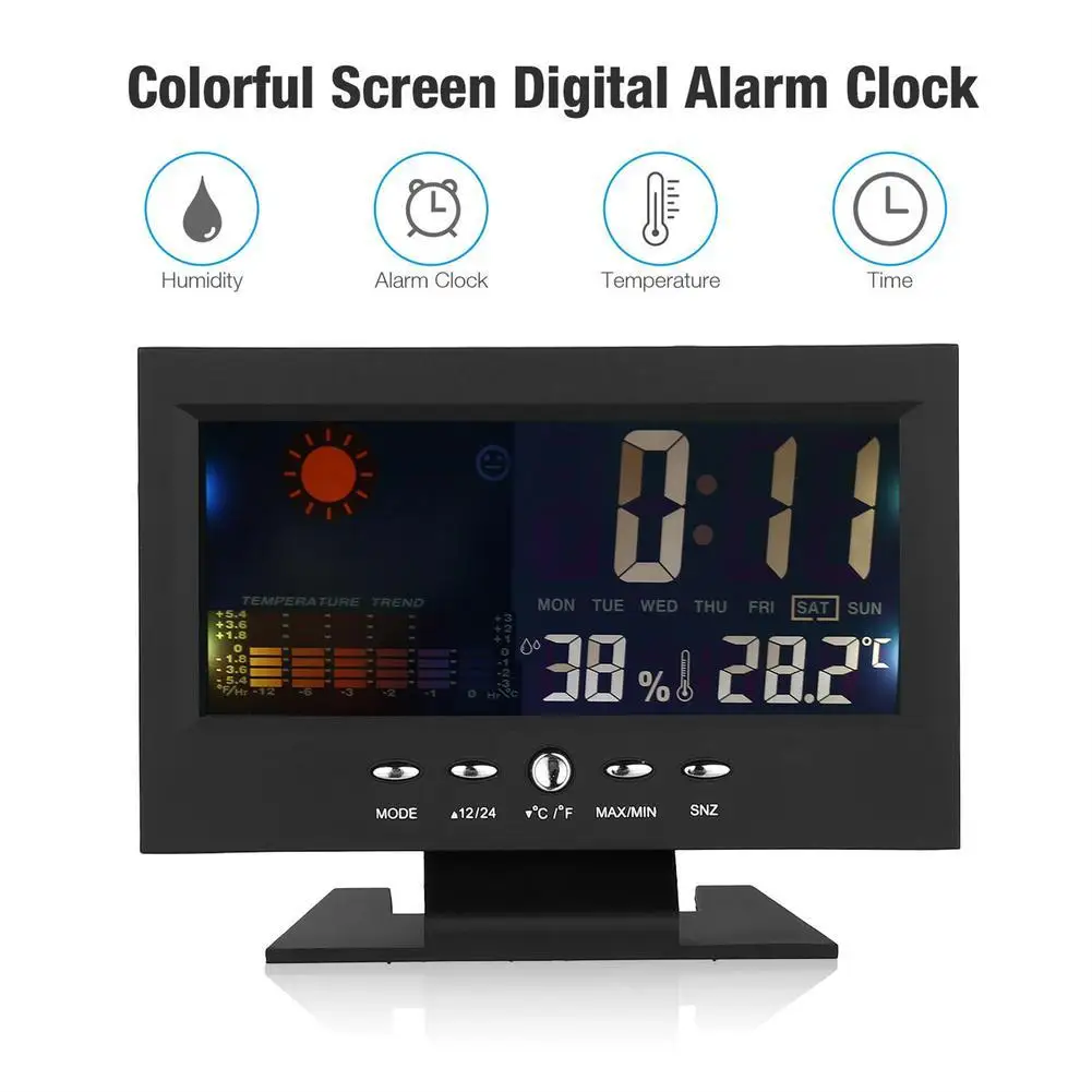 New 5-in-1 Led Digital Alarm Clock Calendar Weather Display Thermometer Humidity Monitor With Snooze Functions