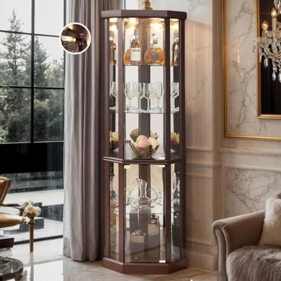 Corner curio cabinet for living room: tempered glass doors, lighted display cage, 5 adjustable shelves, 70 H, light bulb includ