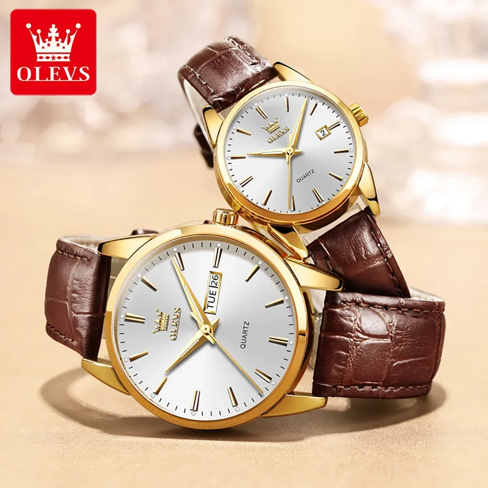 OLEVS Quartz Couple Watches Luxury Leather Strap Dual Calendar Waterproof Fashion Business Lover's Wristwatches Gift Set Reloj