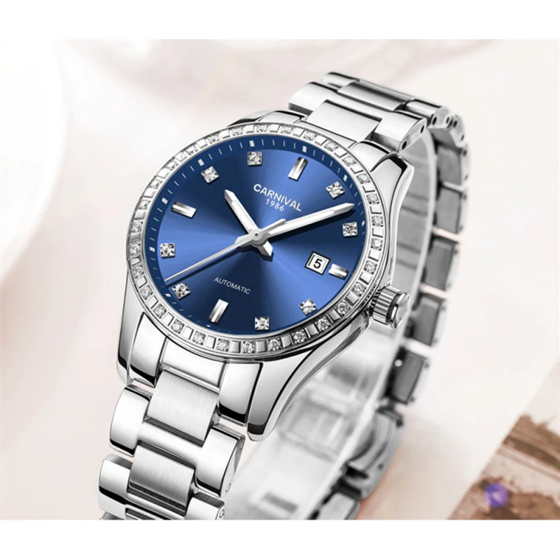 مصنع مستقيم الشعر التلقائي الميكانيكية ساعة نسائية موضة شعبية مقاوم للماء ساعة نسائية بسيطة الفولاذ المقاوم للصدأ المعصم ث